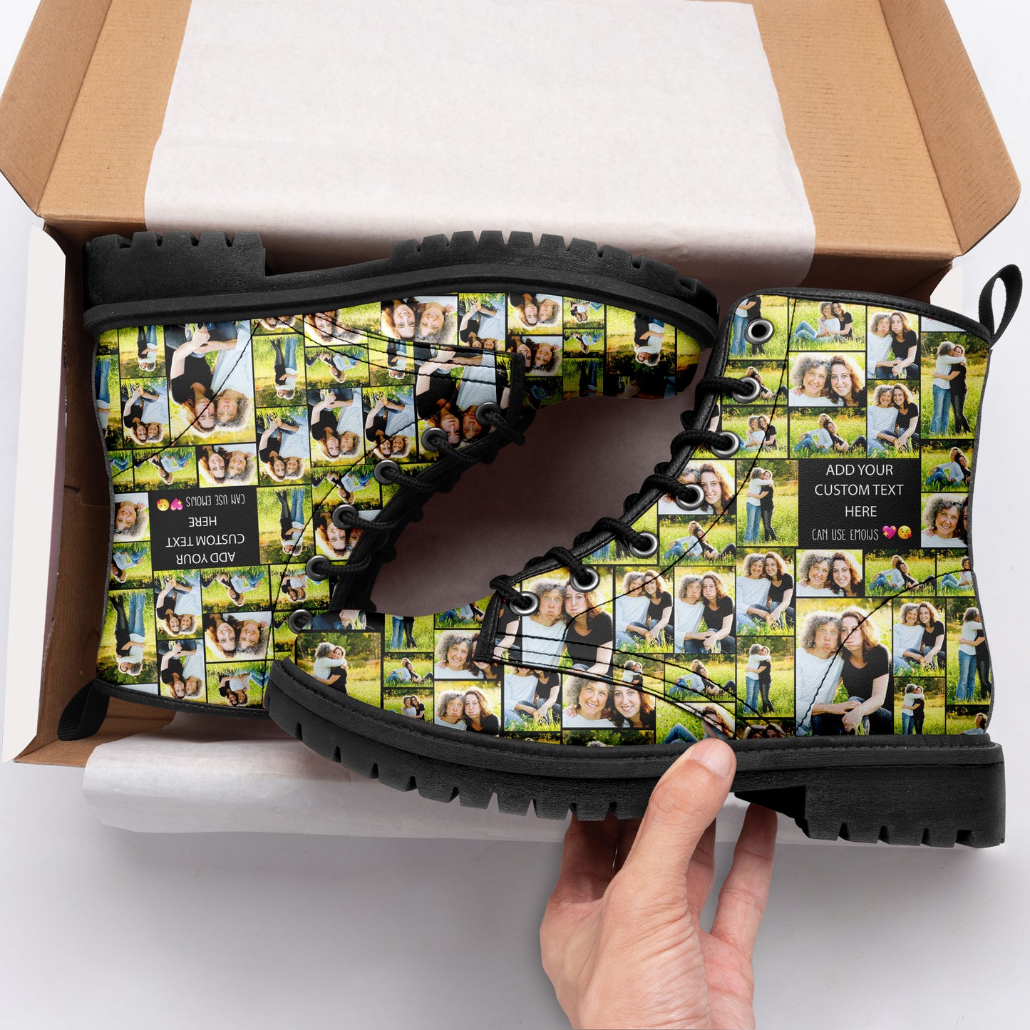 Create a Mother's Day Gift for Mom with Collage Photo & Text on AOP Leather Boots