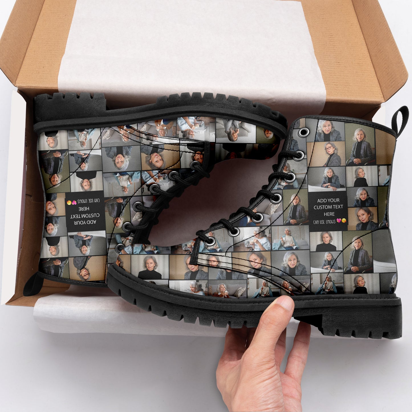 Create a Mother's Day Gift for Mom with Collage Photo & Text on AOP Leather Boots