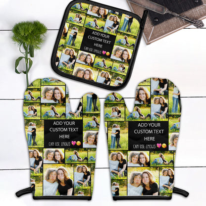 Create a Mother's Day Gift for Mom with Collage Photo & Text on Combo 2 Oven mitts and 1 Pot-Holder