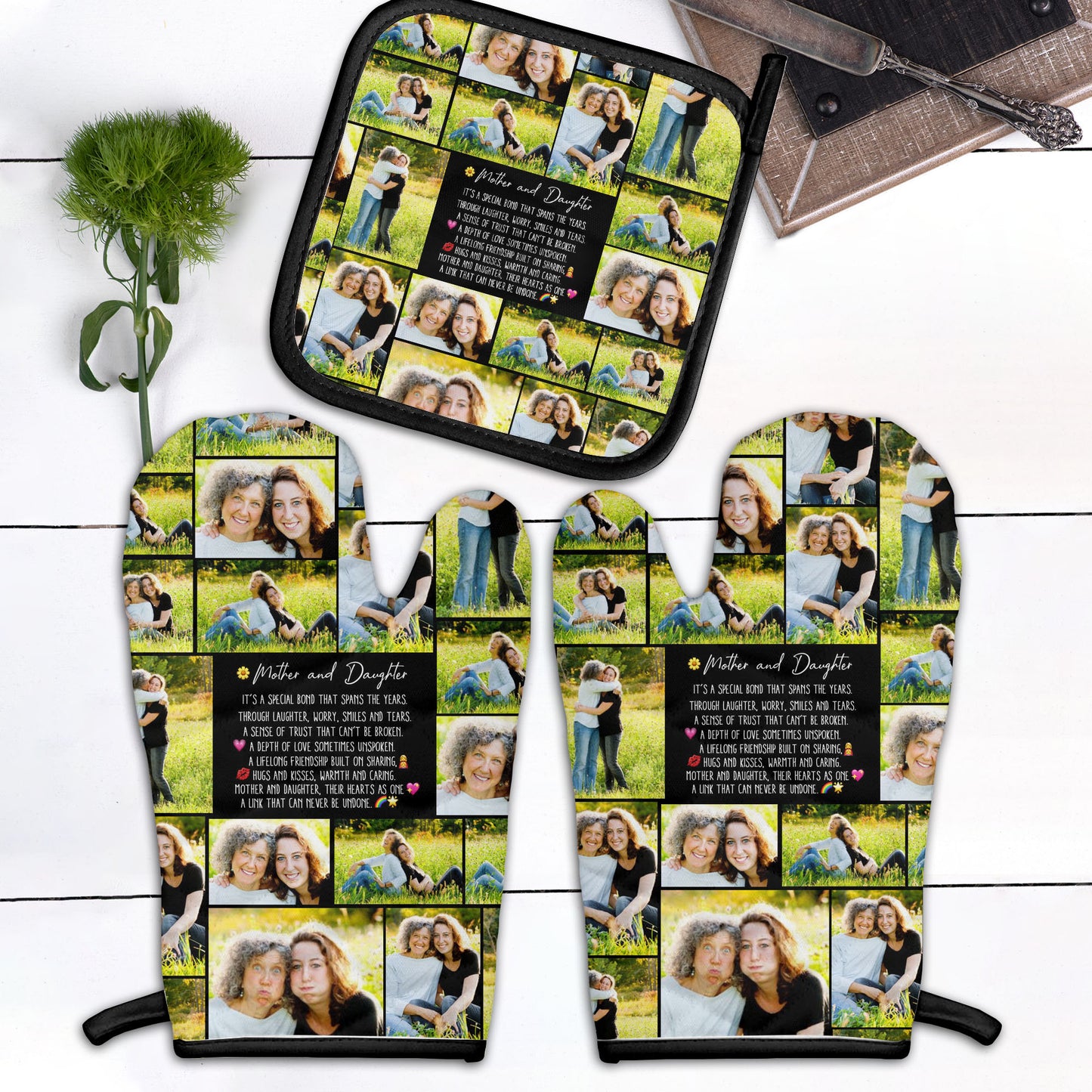 Create a Mother's Day Gift for Mom with Collage Photo & Text on Combo 2 Oven mitts and 1 Pot-Holder