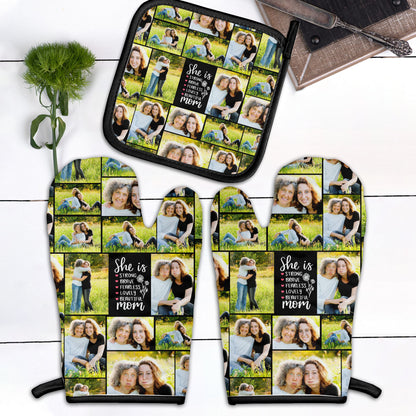 Create a Mother's Day Gift for Mom with Collage Photo & Text on Combo 2 Oven mitts and 1 Pot-Holder