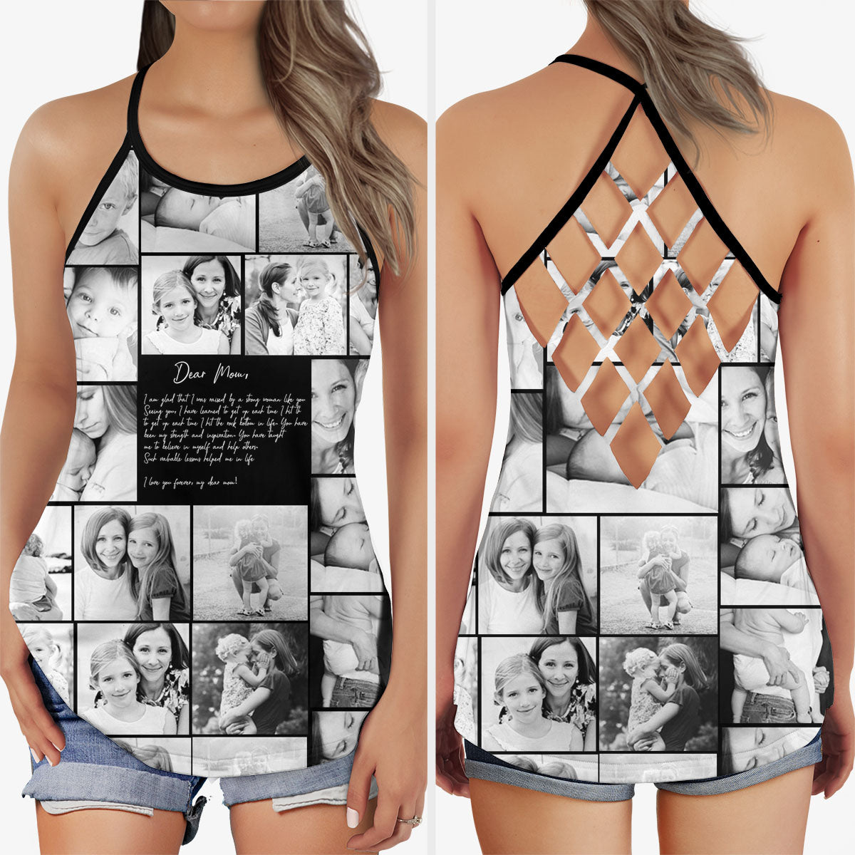 Create a Mother's Day Gift for Mom with Collage Photo & Text on Criss Cross Tank Top