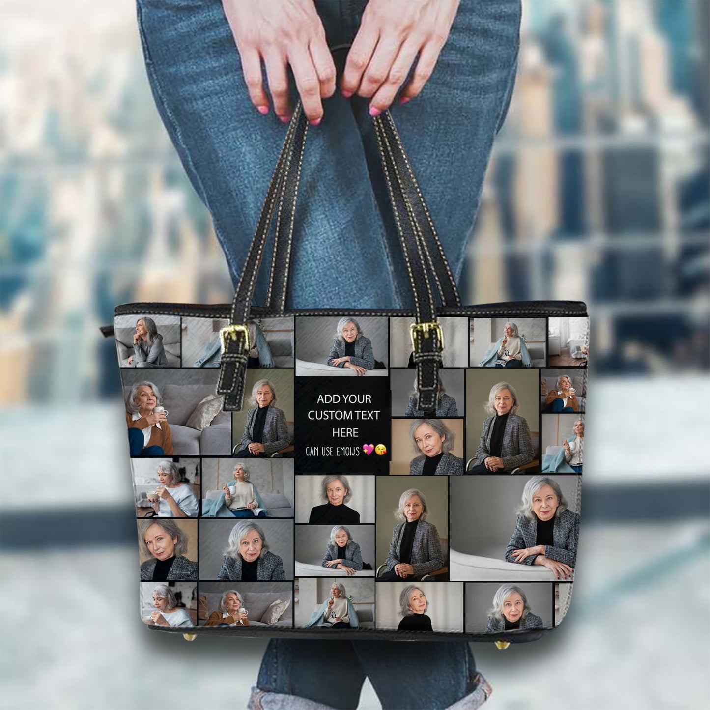 Create a Mother's Day Gift for Mom with Collage Photo & Text on Leather Tote Bag