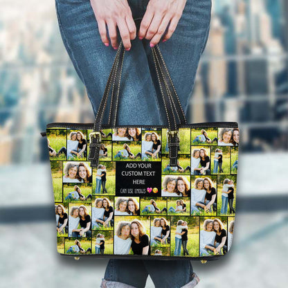 Create a Mother's Day Gift for Mom with Collage Photo & Text on Leather Tote Bag