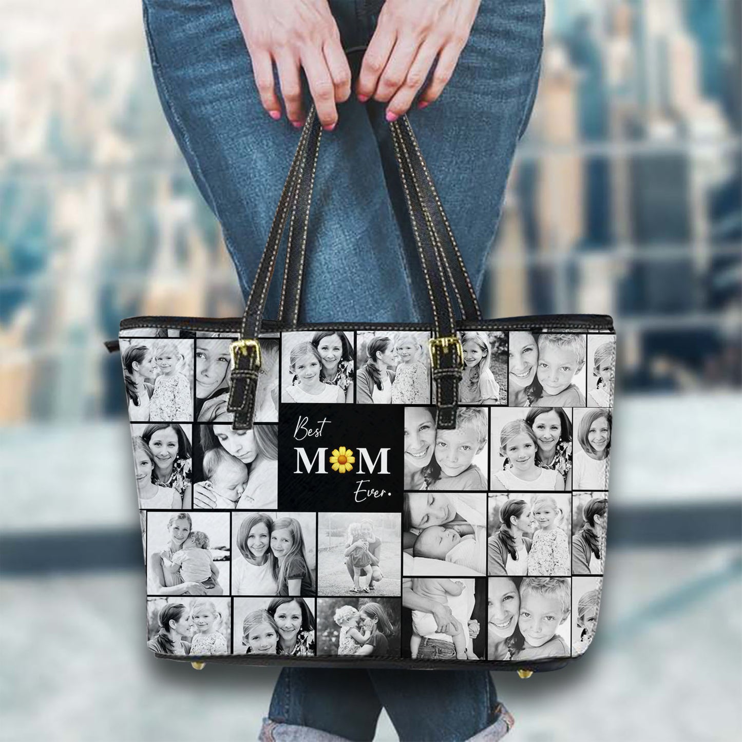 Create a Mother's Day Gift for Mom with Collage Photo & Text on Leather Tote Bag