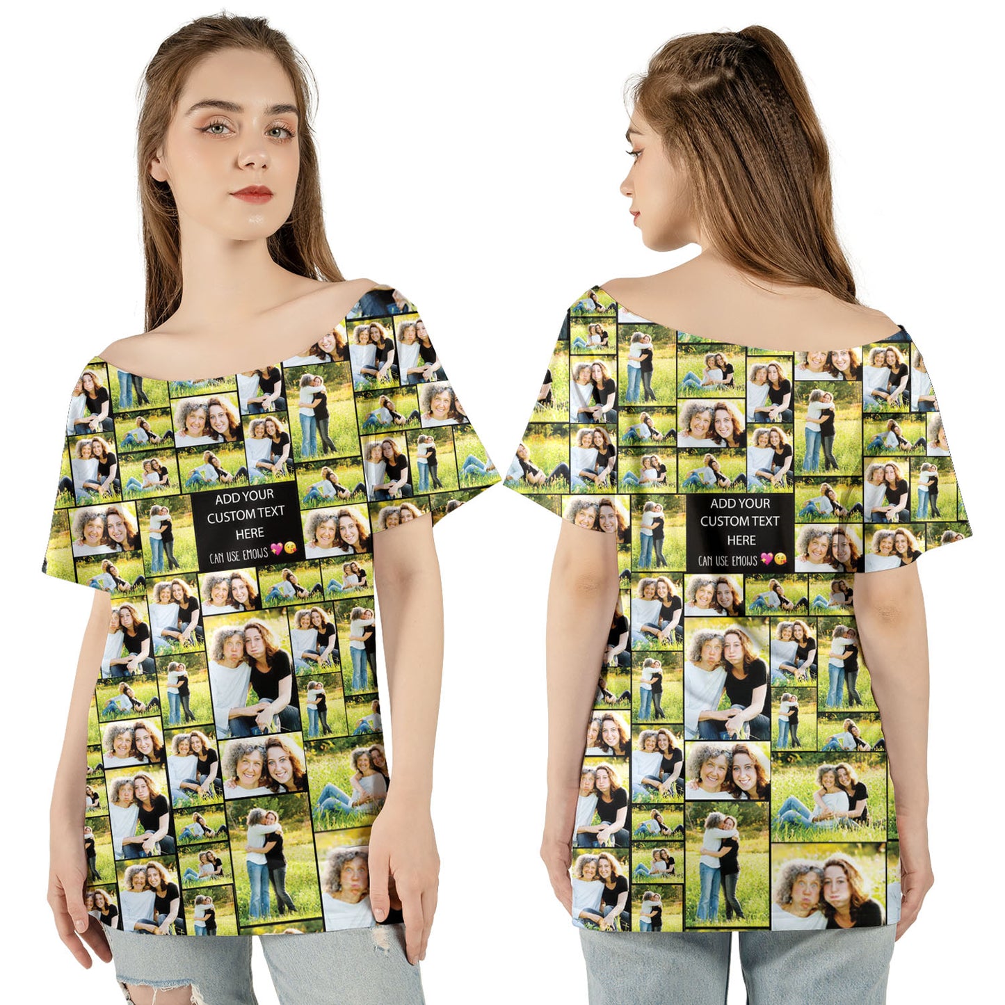 Create a Mother's Day Gift for Mom with Collage Photo & Text on Women's Off-the-shoulder T-shirt