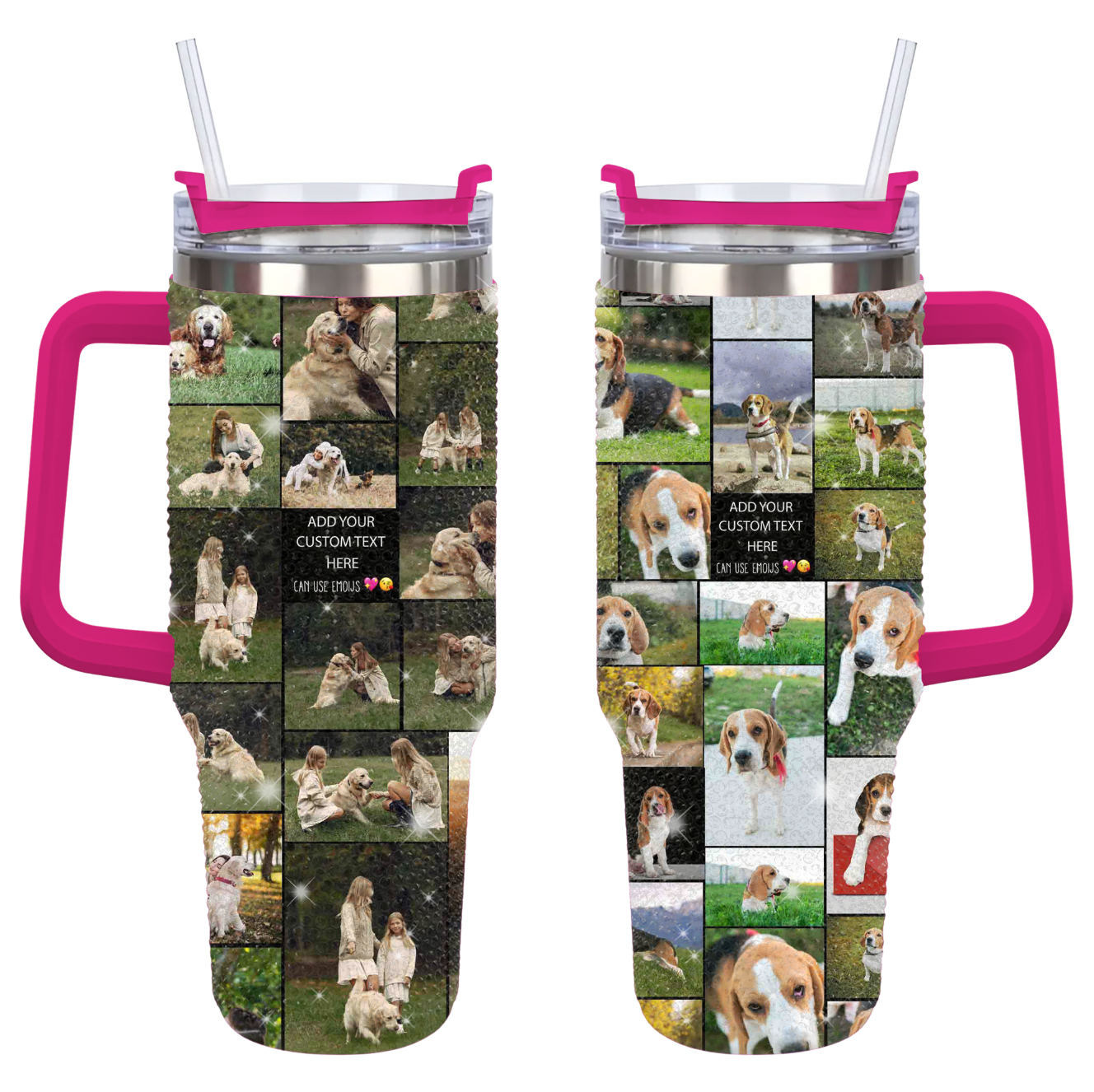 Custom Dog Pet Photo Collage and Text on Rhinestone Diamond 40oz Tumbler