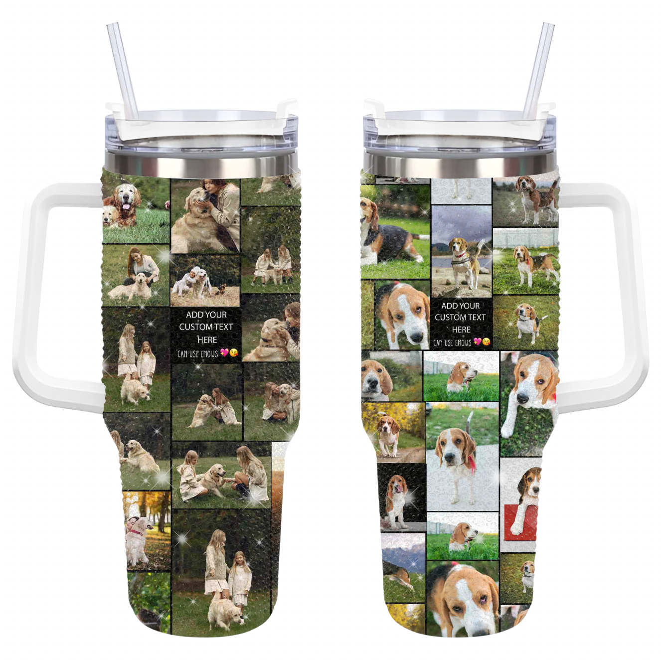 Custom Dog Pet Photo Collage and Text on Rhinestone Diamond 40oz Tumbler