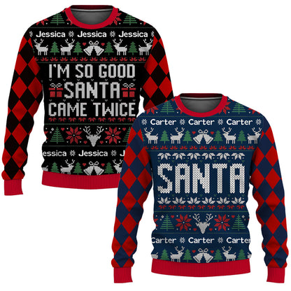 Custom Name Funny Couples Ugly Christmas Sweater, Couples Matching Ugly Christmas Sweater