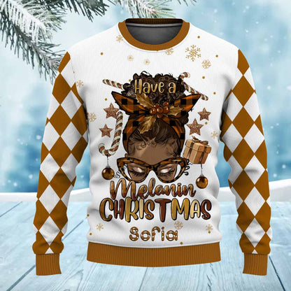 Custom Name Have A Melanin Christmas Afro Personalized Black Girl Ugly Christmas Sweater for Women