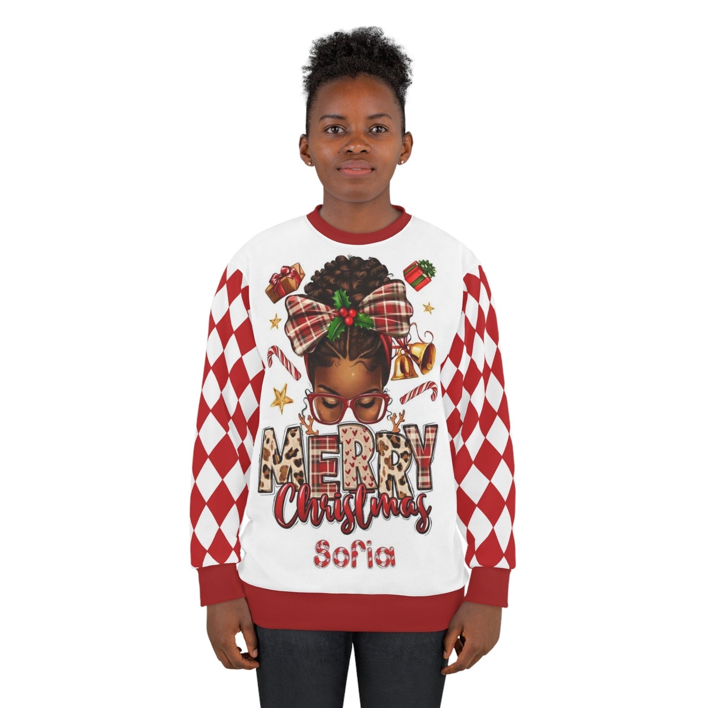 Custom Name Just A Girl Who Loves Christmas Pink Afro Black Girl Ugly Christmas Sweater for Women