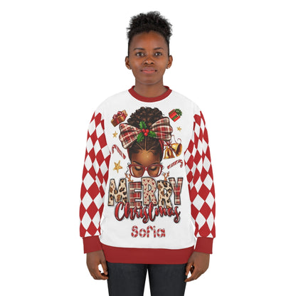 Custom Name Just A Girl Who Loves Christmas Pink Afro Black Girl Ugly Christmas Sweater for Women