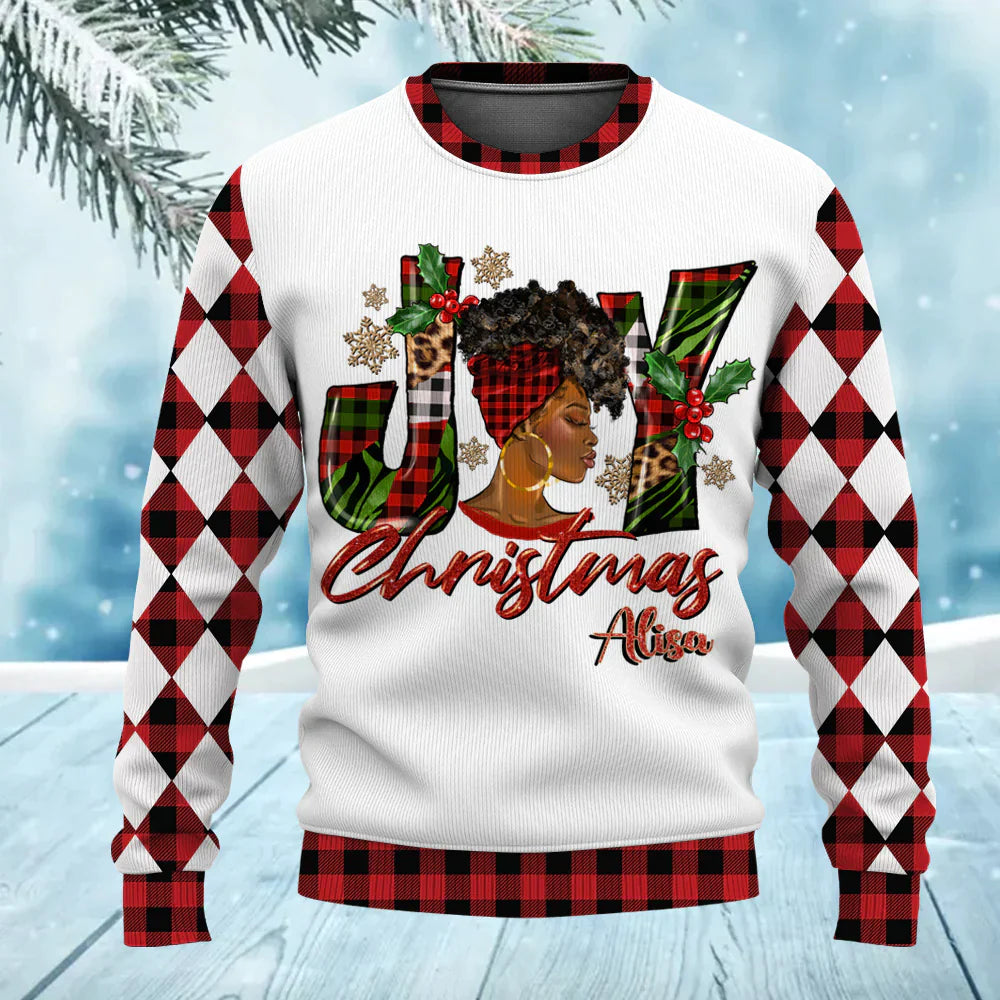 Custom Name Just A Girl Who Loves Christmas Pink Afro Black Girl Ugly Christmas Sweater for Women