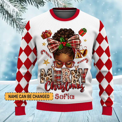 Custom Name Believe Merry Christmas African American Girl Ugly Sweater for Women