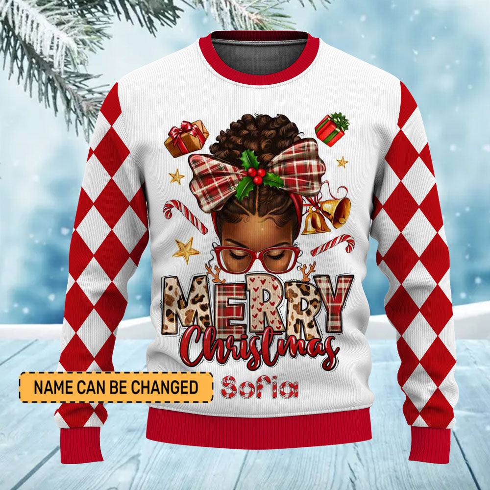 Custom Name Just A Girl Who Loves Christmas Pink Afro Black Girl Ugly Christmas Sweater for Women