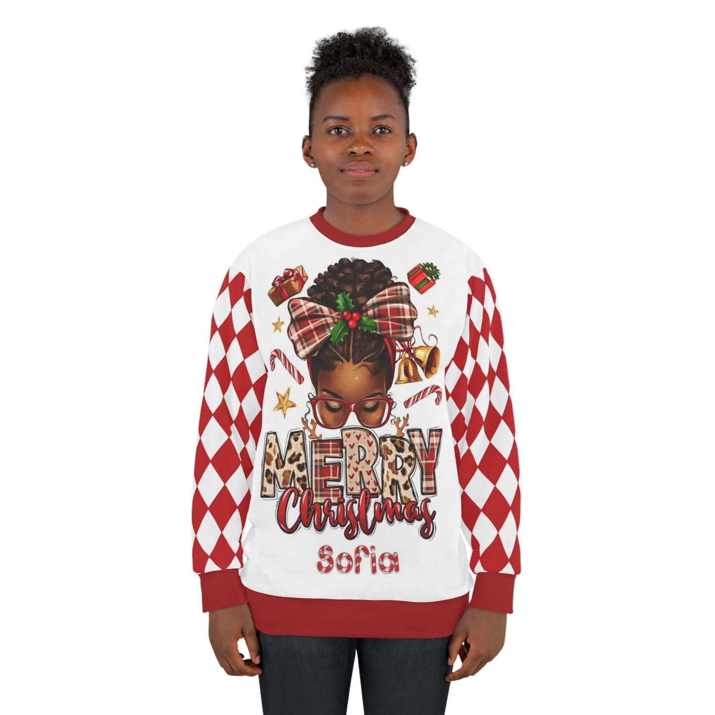 Custom Name Believe Merry Christmas African American Girl Ugly Sweater for Women