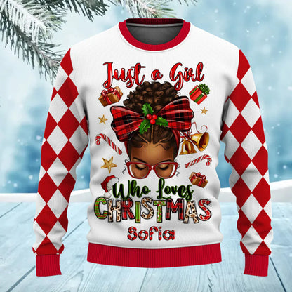 Custom Name Believe Merry Christmas African American Girl Ugly Sweater for Women