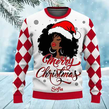 Custom Name Believe Merry Christmas African American Girl Ugly Sweater for Women