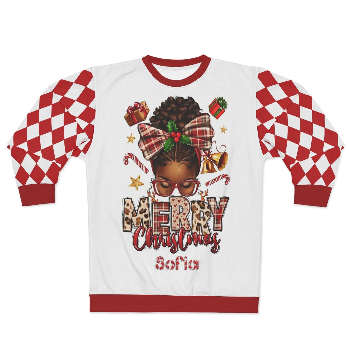 Custom Name Believe Merry Christmas African American Girl Ugly Sweater for Women