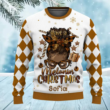 Personalized Black Girl Afro African American Women Merry Christmas Ugly Christmas Sweater for Women