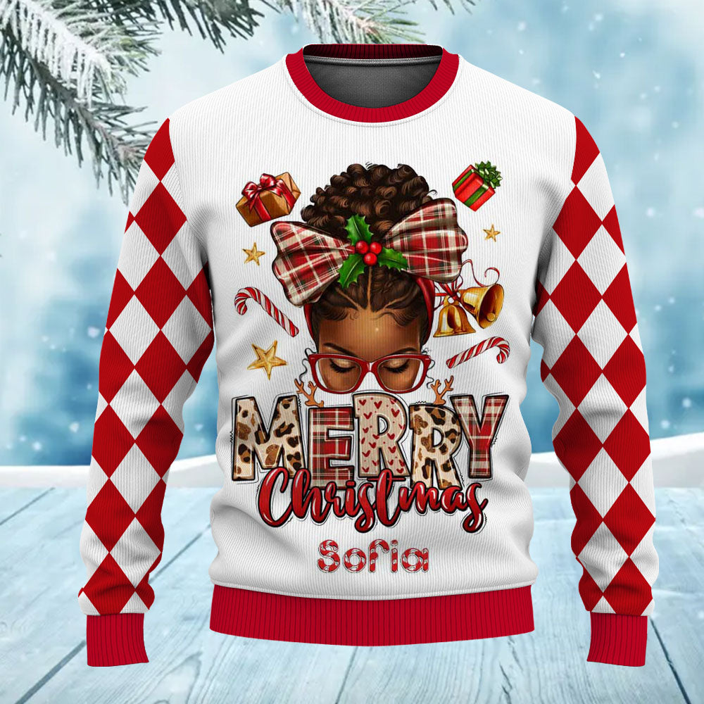 Custom Name Believe Merry Christmas African American Girl Ugly Sweater for Women