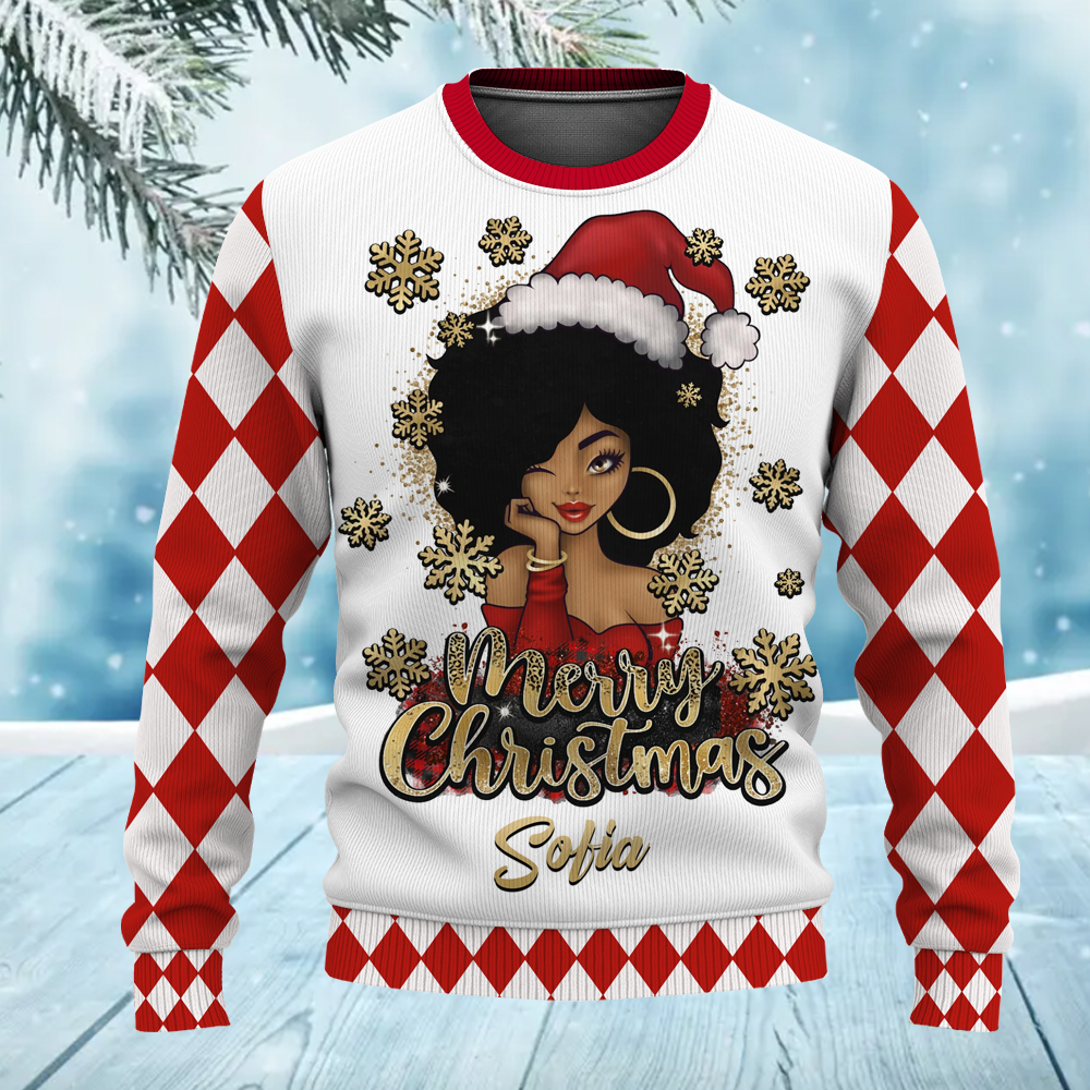 Custom Name Believe Merry Christmas African American Girl Ugly Sweater for Women