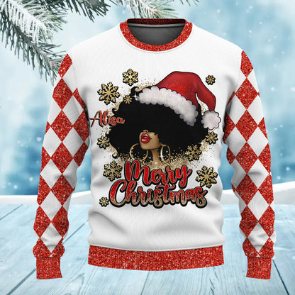 Custom Name Merry Christmas Personalized Black Girl Afro Ugly Christmas Sweater for Women