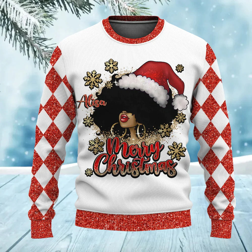 Custom Name Just A Girl Who Loves Christmas Pink Afro Black Girl Ugly Christmas Sweater for Women