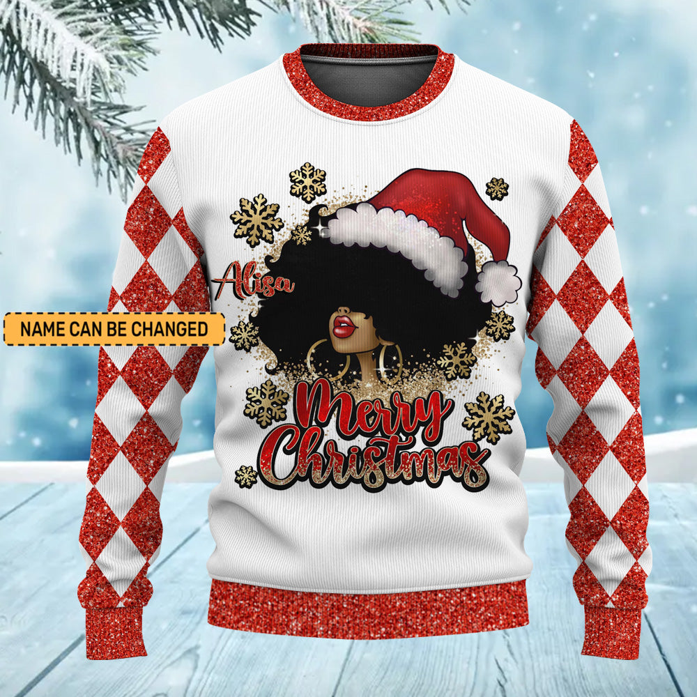 Custom Name Merry Christmas Personalized Black Girl Afro Ugly Christmas Sweater for Women