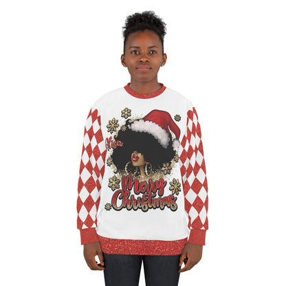 Custom Name Merry Christmas Personalized Black Girl Afro Ugly Christmas Sweater for Women