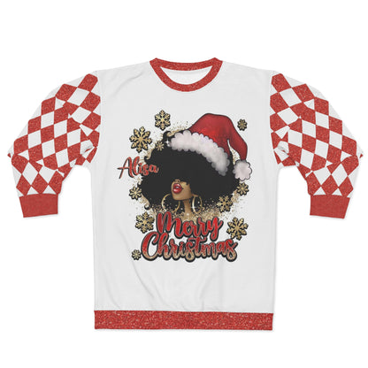 Custom Name Merry Christmas Personalized Black Girl Afro Ugly Christmas Sweater for Women