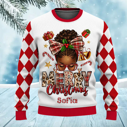 Personalized Black Girl Afro African American Women Merry Christmas Ugly Christmas Sweater for Women