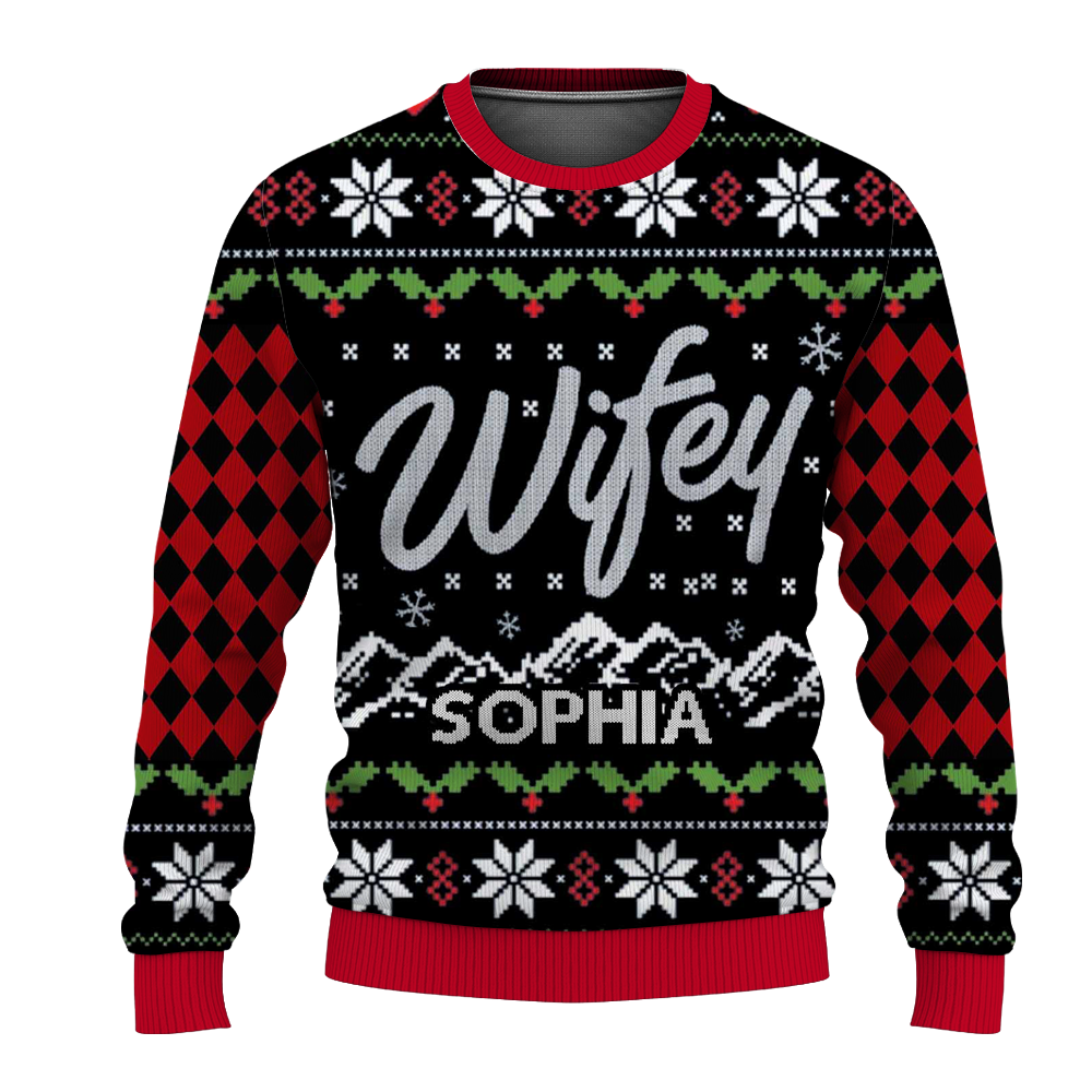 Custom Name on Hubby Wifey Matching Christmas Knitting Ugly Christmas Sweater