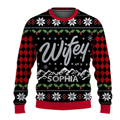 Custom Name on Hubby Wifey Matching Christmas Knitting Ugly Christmas Sweater