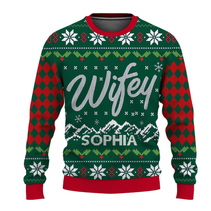 Custom Name on Hubby Wifey Matching Christmas Knitting Ugly Christmas Sweater