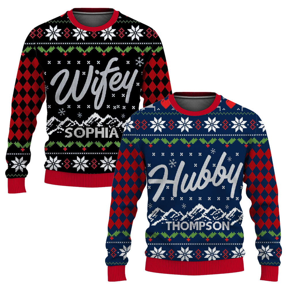 Custom Name on Hubby Wifey Matching Christmas Knitting Ugly Christmas Sweater