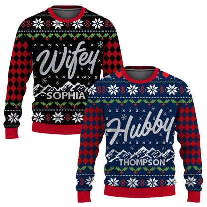 Custom Name on Hubby Wifey Matching Christmas Knitting Ugly Christmas Sweater