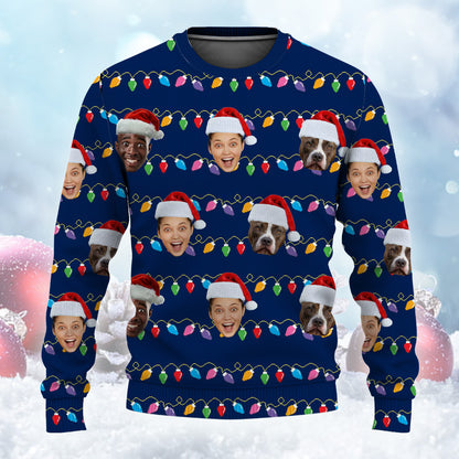 Custom Photo on Christmas Light Personalized Funny Knitting Ugly Christmas Sweater For Men & Women