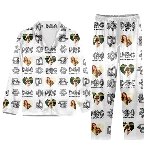 Dog Mama Your Dog Mom Photo & Name on Satin Pajama Set for Adult & Kids