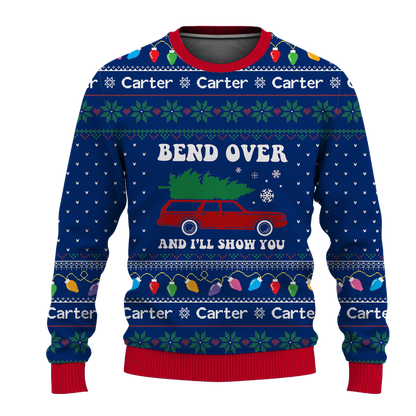 Custom Name Christmas Couple Matching Ugly Christmas Sweater, Bend Over and I'll Show You Sweater