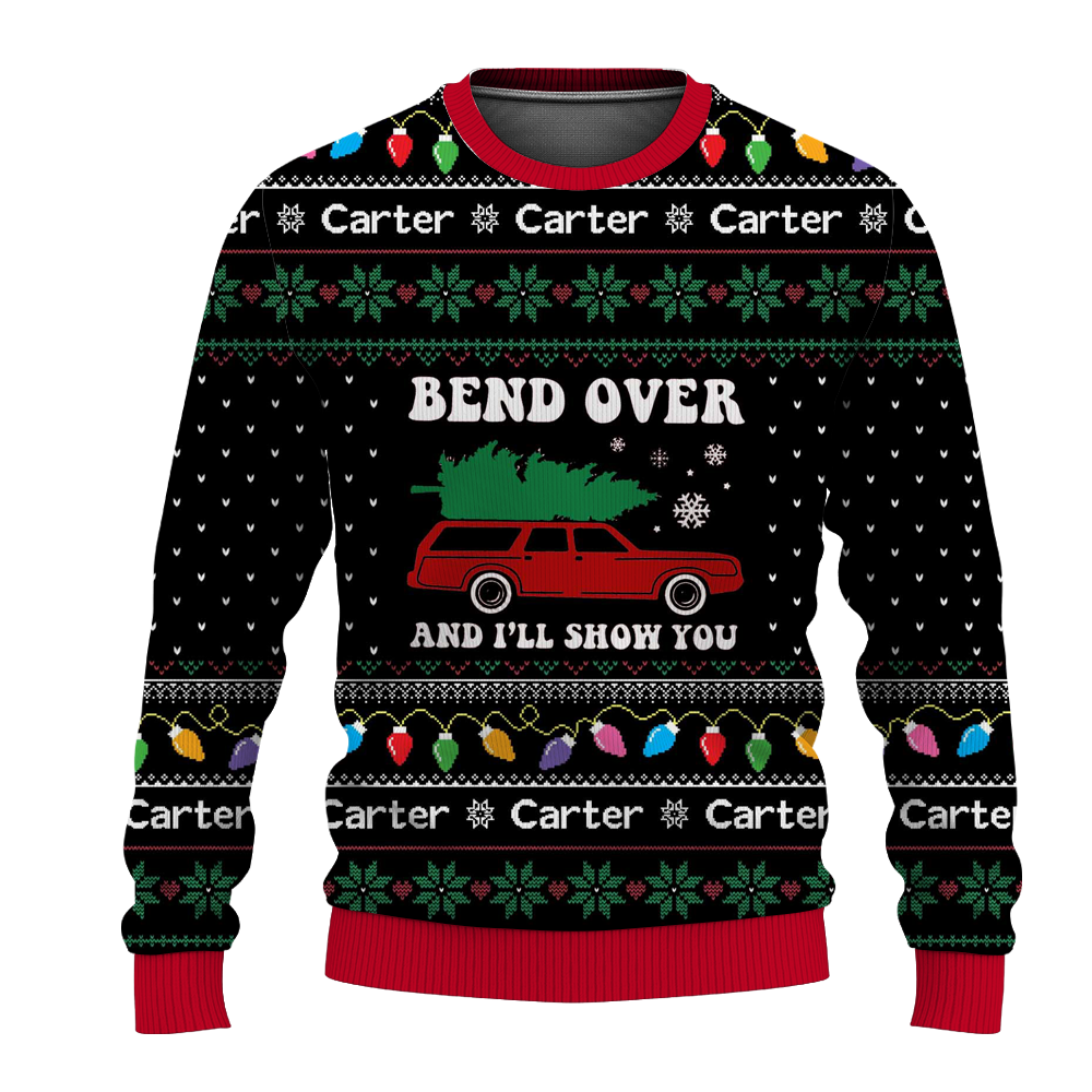 Custom Name Christmas Couple Matching Ugly Christmas Sweater, Bend Over and I'll Show You Sweater