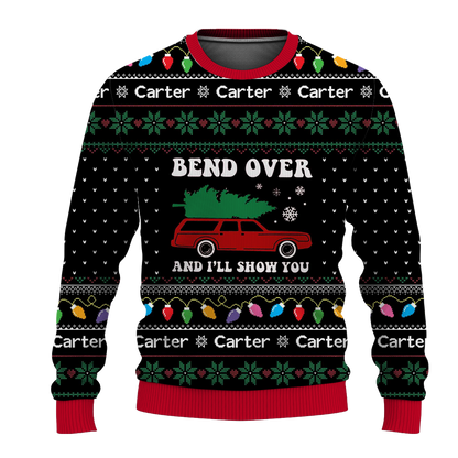 Custom Name Christmas Couple Matching Ugly Christmas Sweater, Bend Over and I'll Show You Sweater