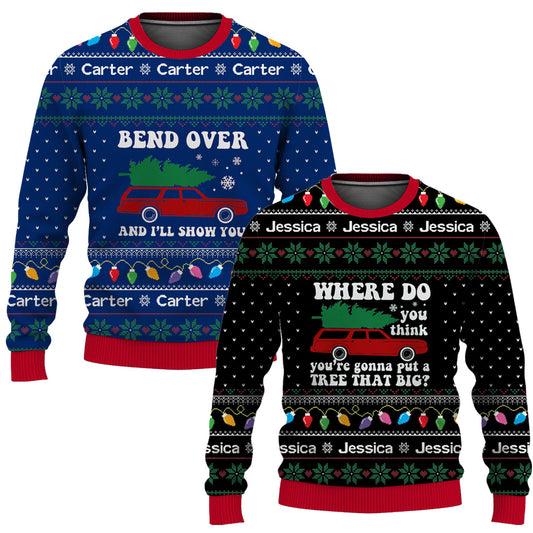 Custom Name Christmas Couple Matching Ugly Christmas Sweater, Bend Over and I'll Show You Sweater