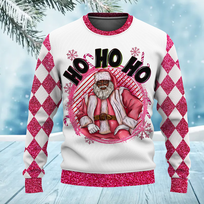 Pink Merry Christmas Afro Black Santa Claus Christmas Ugly Sweater for Men & Women