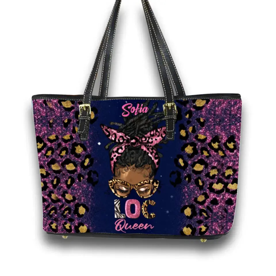 Loc Queen Afro Messy Bun African American Girl Personalized Leather Tote Bags for Black Women