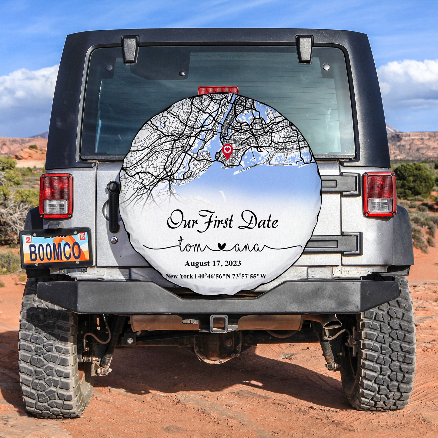 Create an Anniversary Gift for Couple with Our First Day Map on Spare Tire Cover