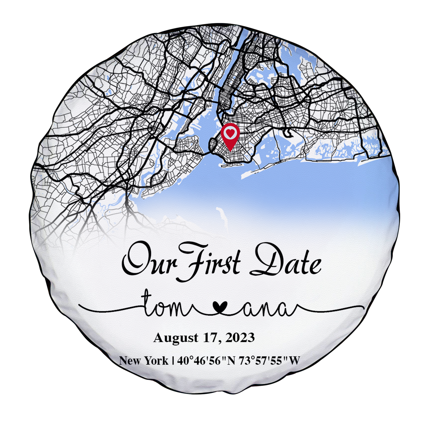 Create an Anniversary Gift for Couple with Our First Day Map on Spare Tire Cover