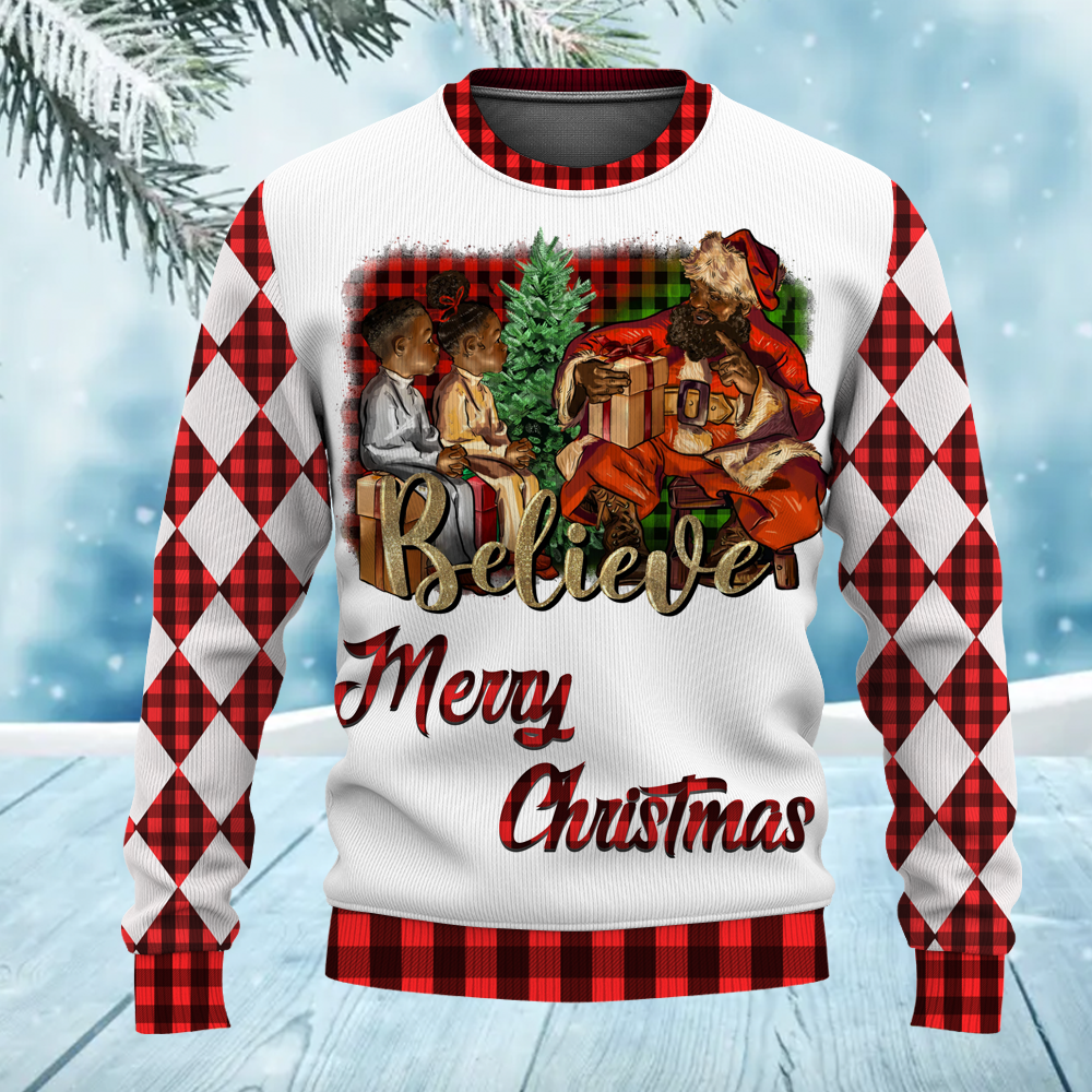 Merry Christmas Afro Black Santa Claus Ugly Sweater for Adult & Kids