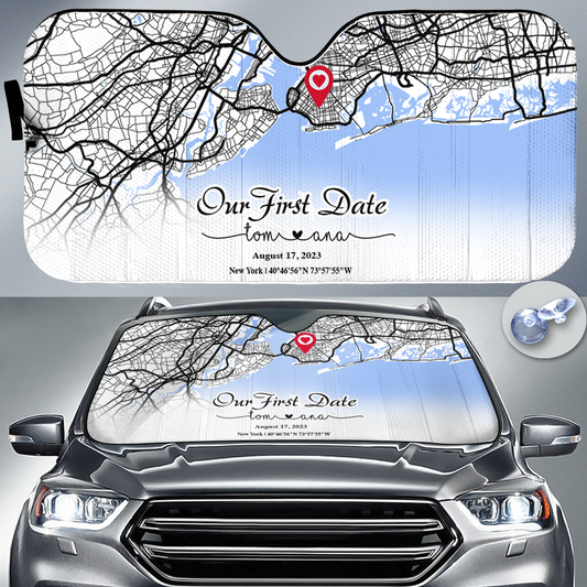 Create an Anniversary Gift for Couple with Our First Day Map on Car Auto Sun Shade