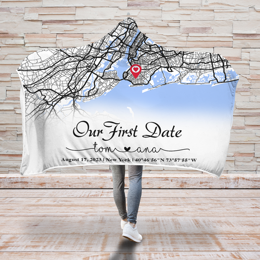 Create an Anniversary Gift for Couple with Our First Day Map on Hooded Blanket